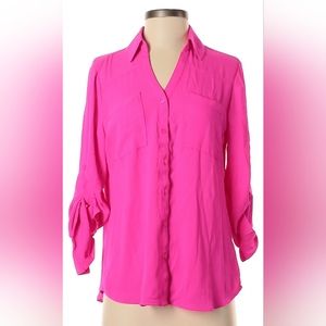Express blouse ruched button-down Neon Pink long sleeve, size S, casual or work